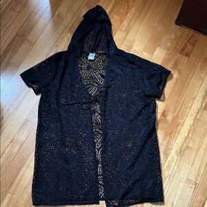 Black Hooded Lace Swim Cover-Up with Front Tie Detail
